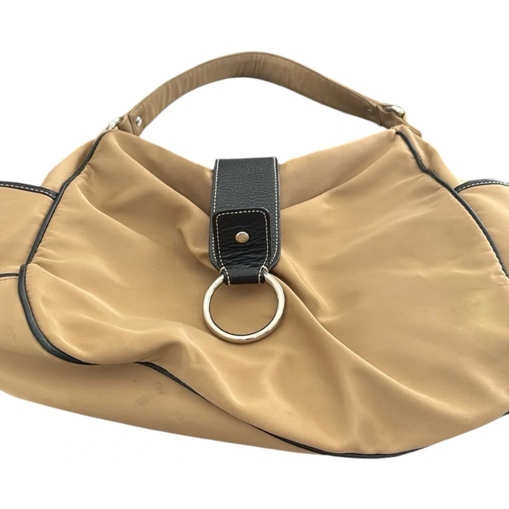 Talbots Tan And Black Trim Nylon And Leather Soft Hobo Bag